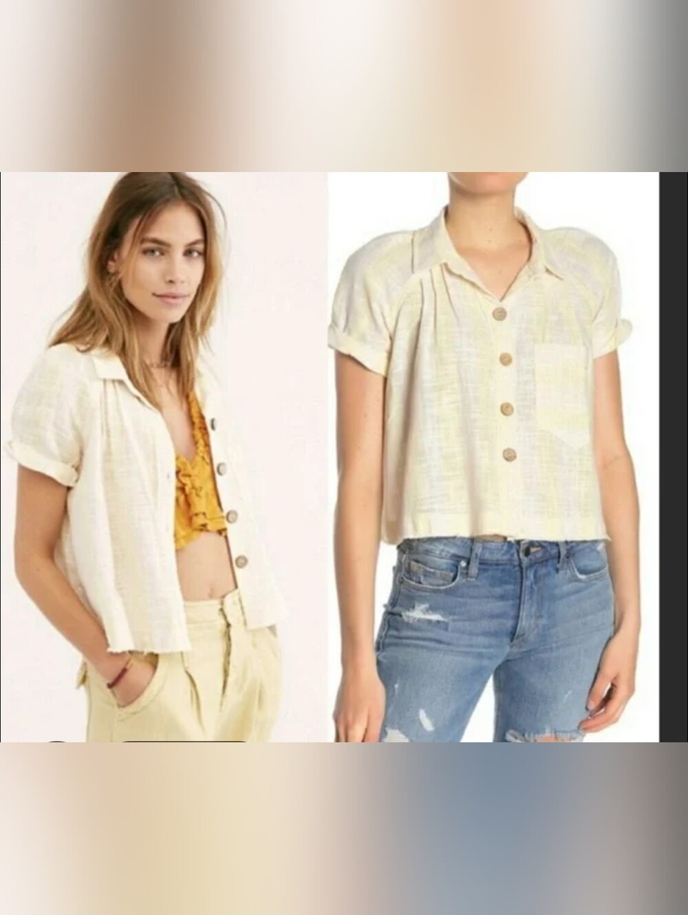 We The Free Button-Front Short Sleeve Shirt in Light Pink and Ivory